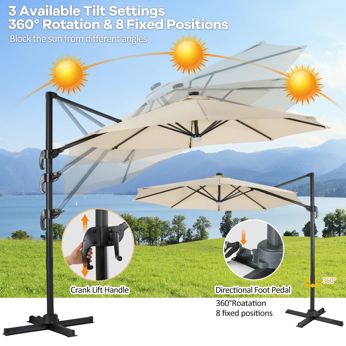 3m Garden Parasol with with Solar-Powered LED & Winding Crank