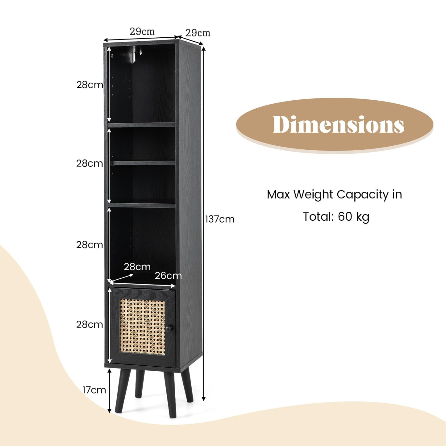 Freestanding Slim Cabinet with Rattan Door and Solid Wood Legs