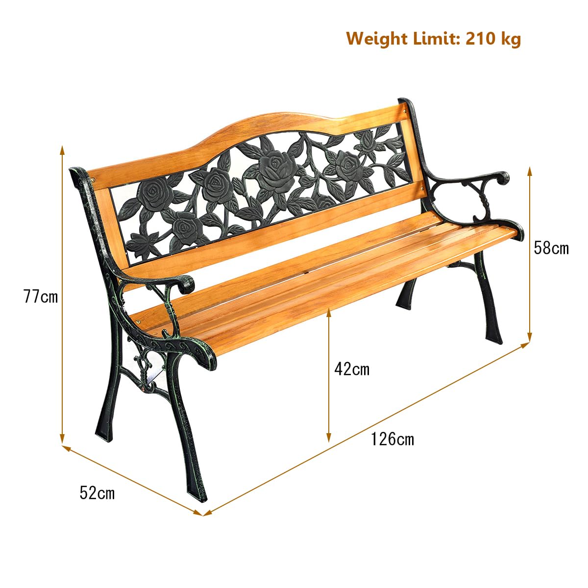 Solid Wood Slatted Seat Loveseat Park Bench Arched Back with Rose Pattern