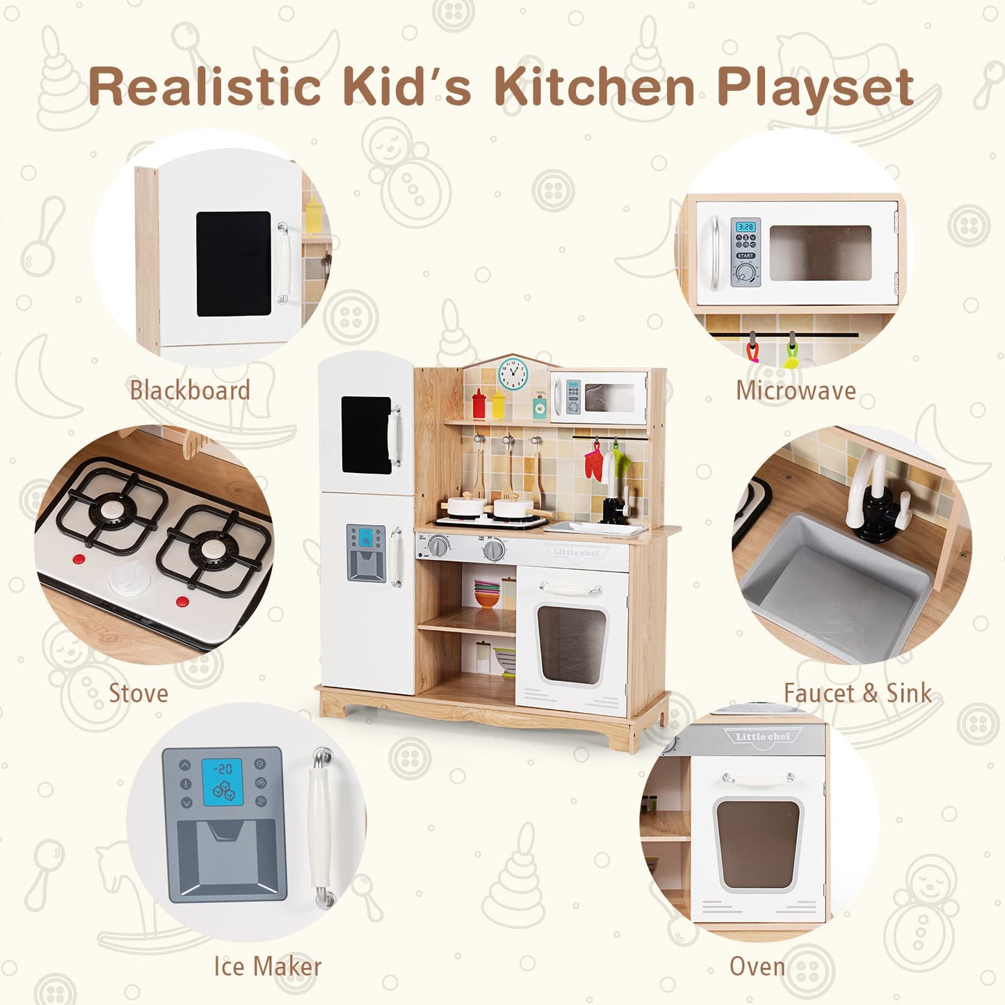 Wooden Kids Pretend Cooking Playset with Light and Sound