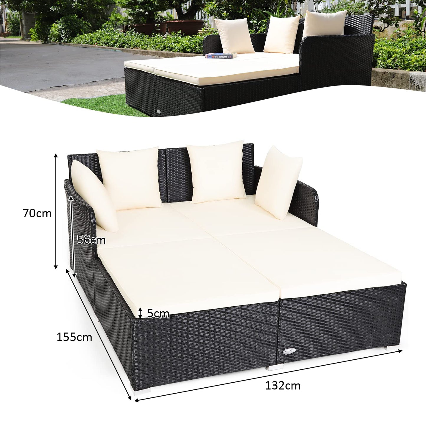 Outdoor Sun Lounger Patio Conversation Recliner with Upholstered Cushion