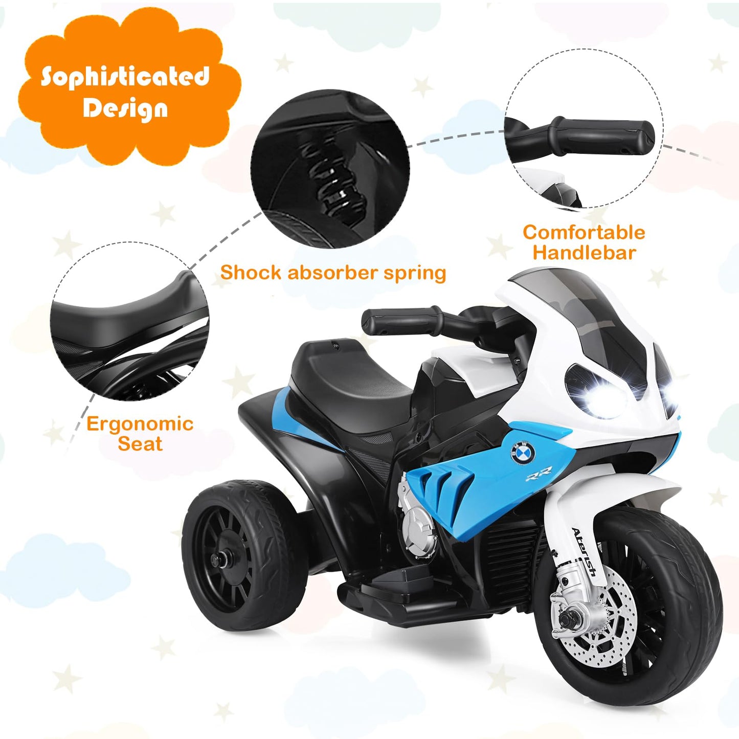 6V Kids Ride on Motorcycle with Training Wheels and Head Light