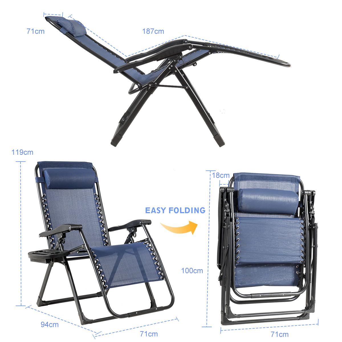 Oversized Patio Folding Zero Gravity Chair with Removable Pillow and Side Tray