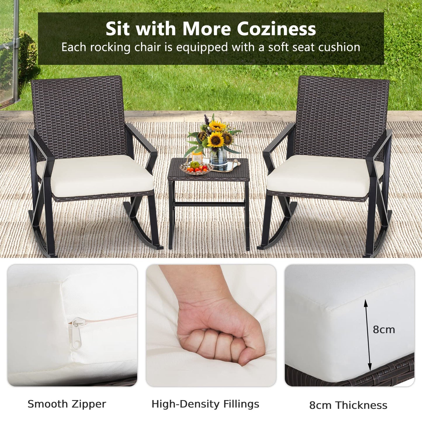 3 Pieces Garden Rocking Chairs and Table Set with Cushions