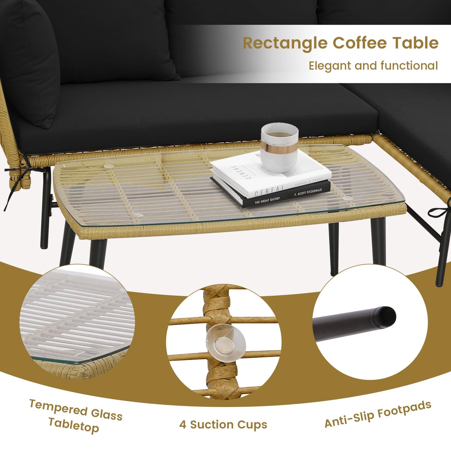 3 Pieces L Shaped Patio Conversation Set with Cushions & Tempered Glass Table