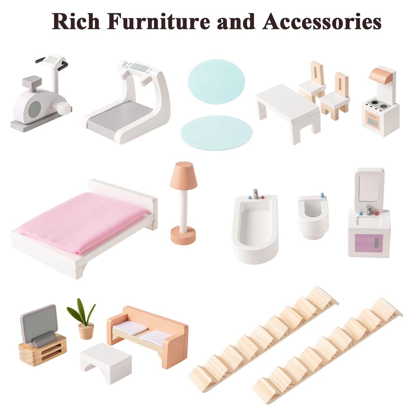Wooden Dollhouse with Furniture and Accessories for Kids