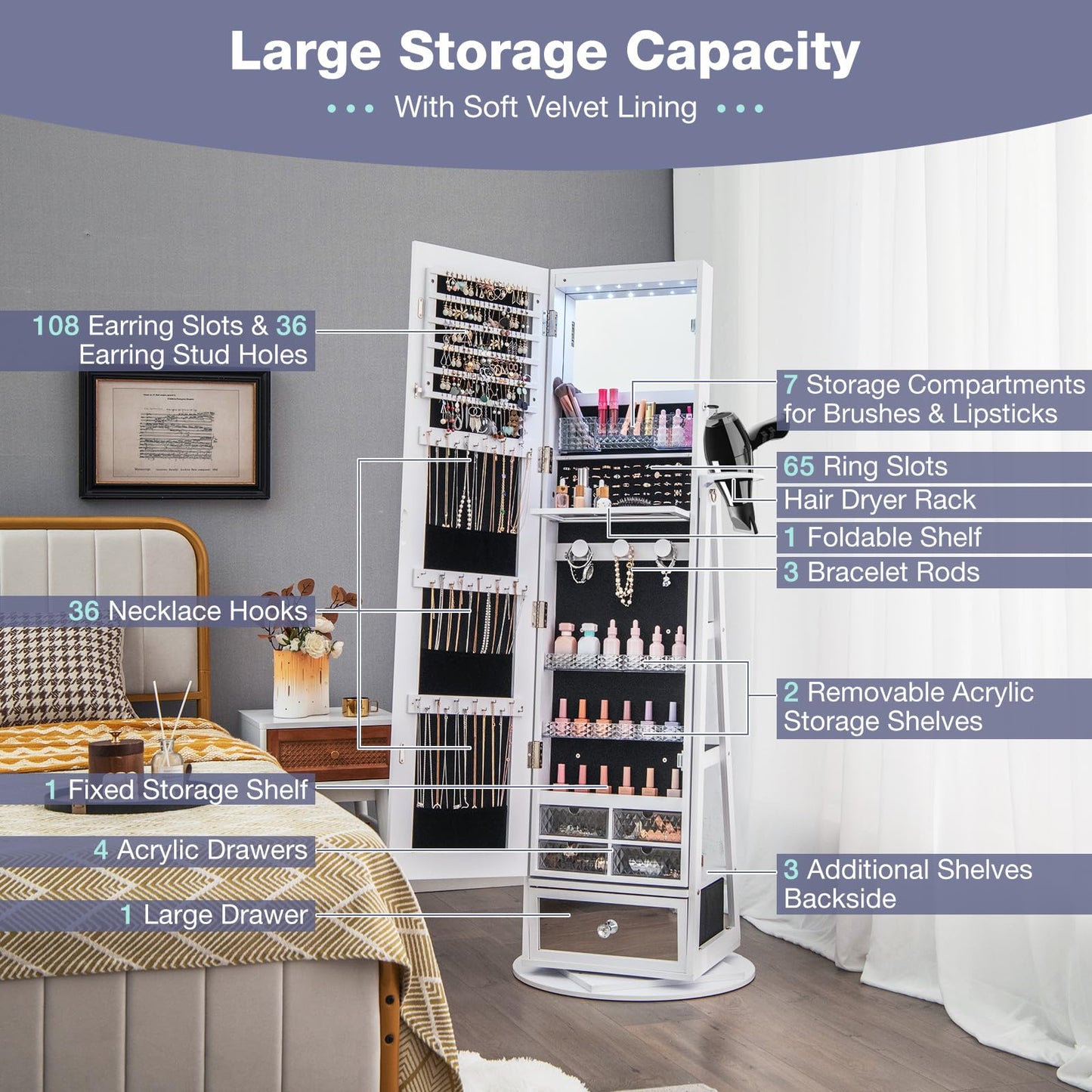360° Swivel Lockable Jewelry Armoire Cabinet with Full-Length Mirror