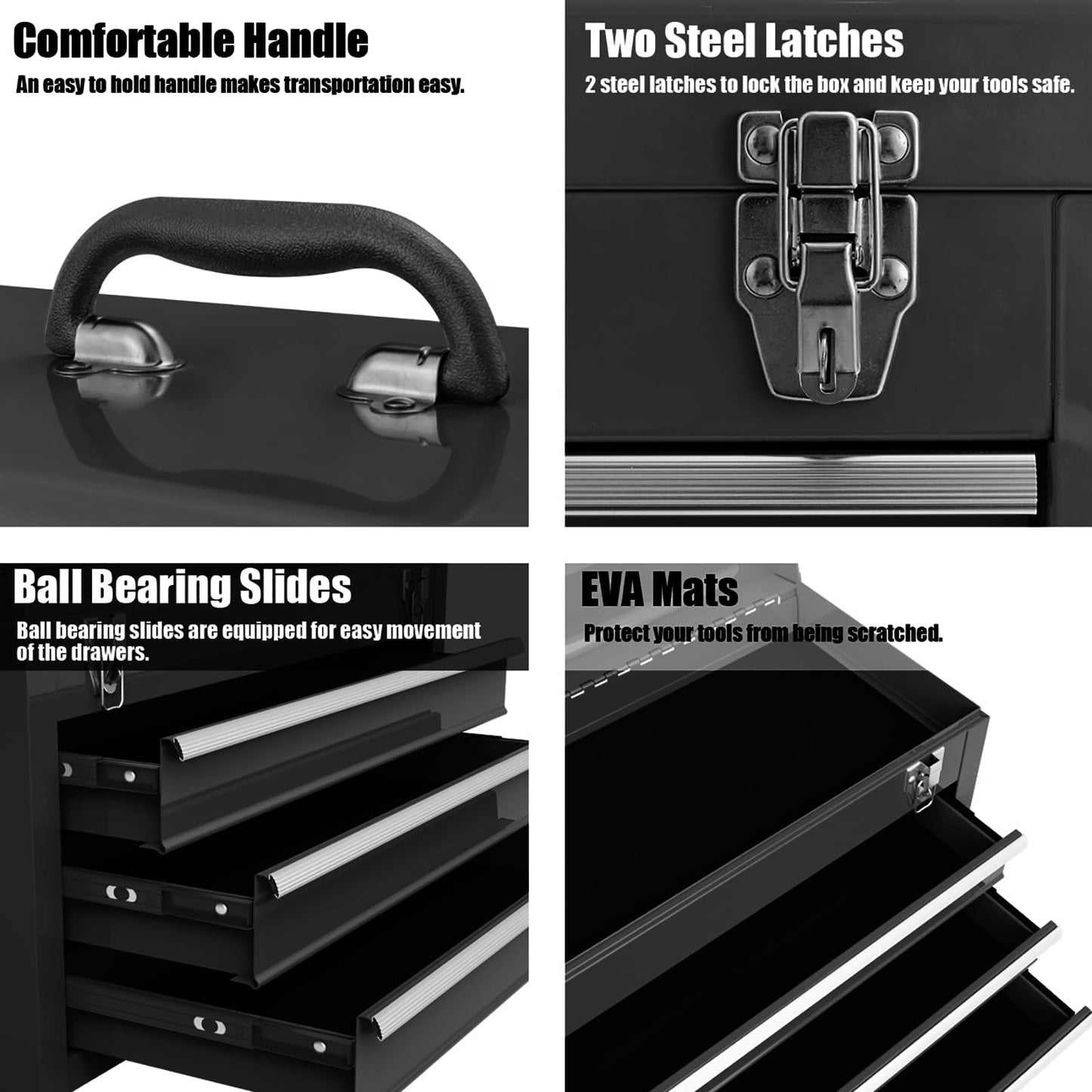 Portable Steel Tool Box with 3 Drawers and Top Storage Tray