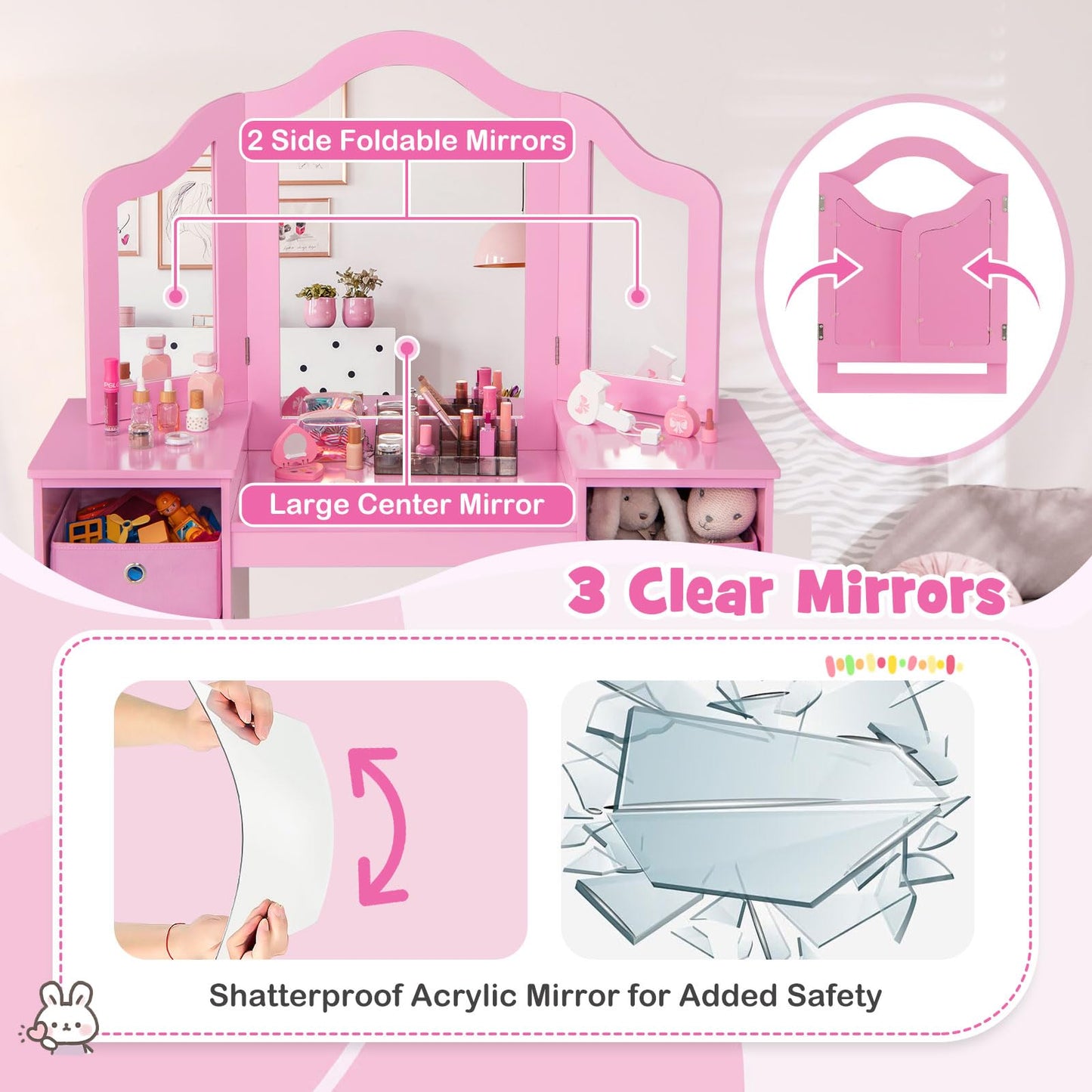 Kids Vanity Set with Tri-Folding Detachable Mirror and 4 Storage Bins