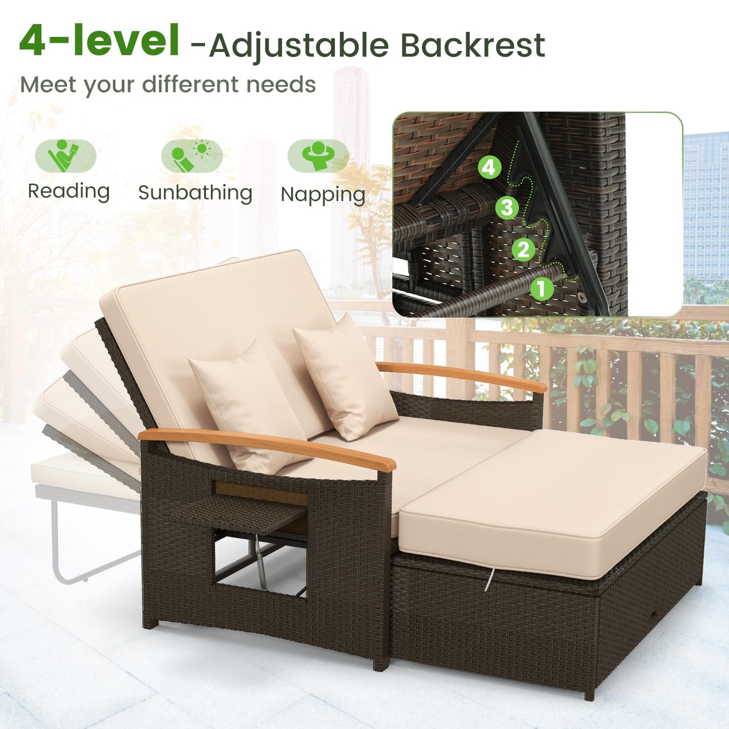 Patio Double Chaise Lounger Sun Bed with 4-Level Adjustable Back