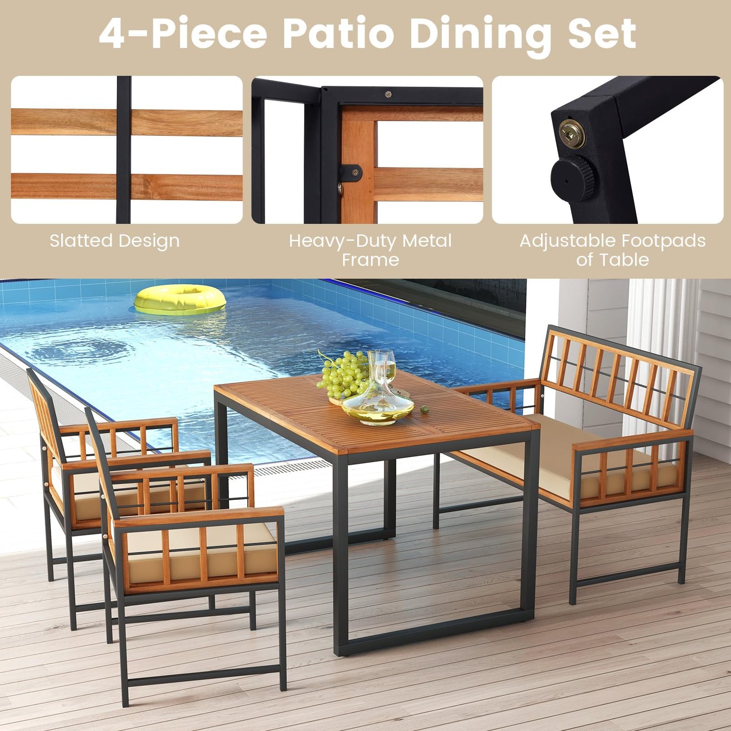 4 Pieces Acacia Wood Patio Dining Set with 1 Rectangular Table