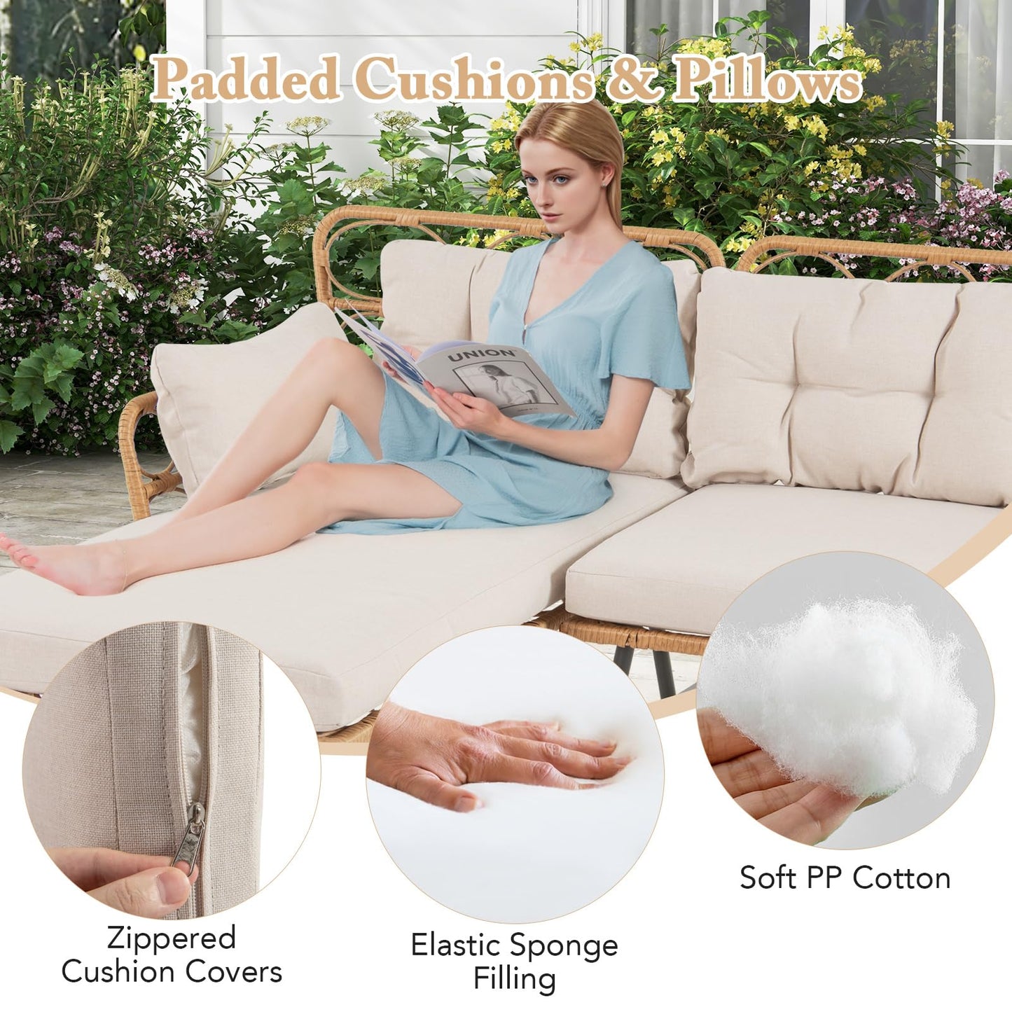 L Shaped Patio Conversation Set with Cushions & Coffee Table