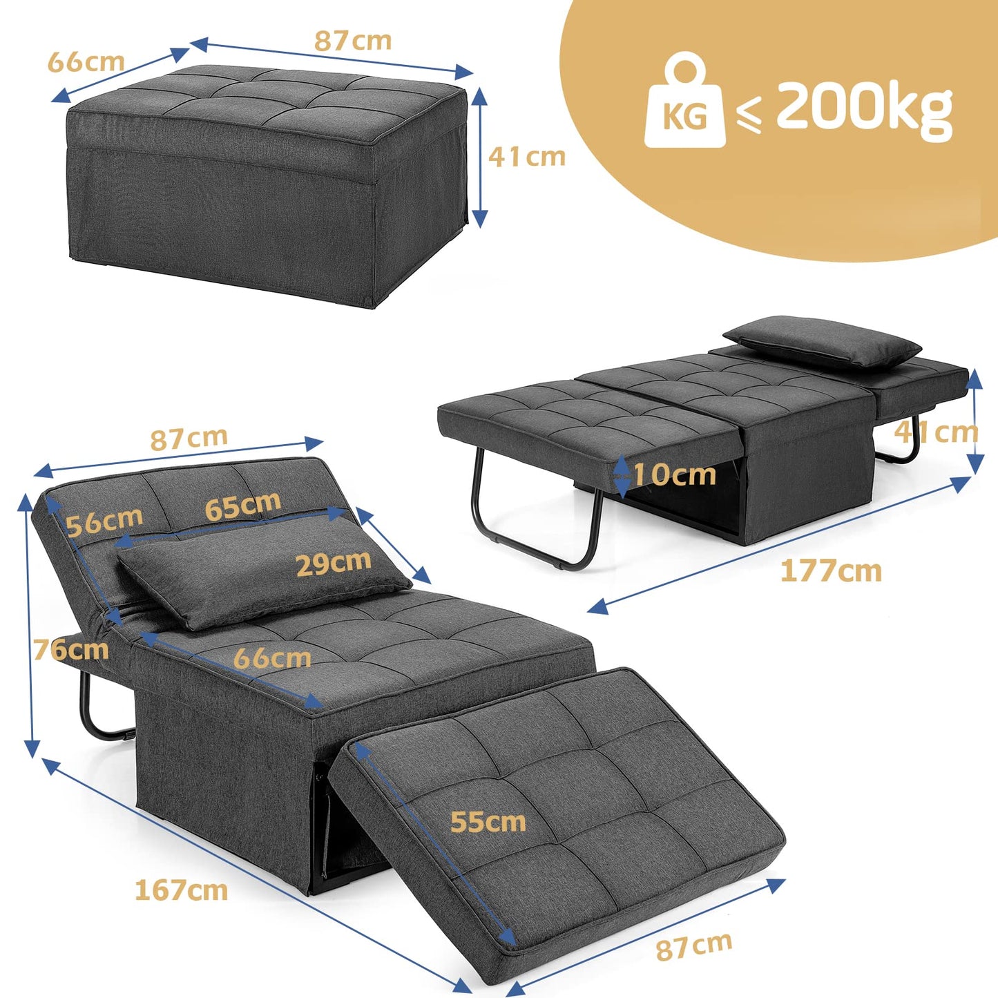 4 in 1 Convertible Sofa Bed with Adjustable Backrest