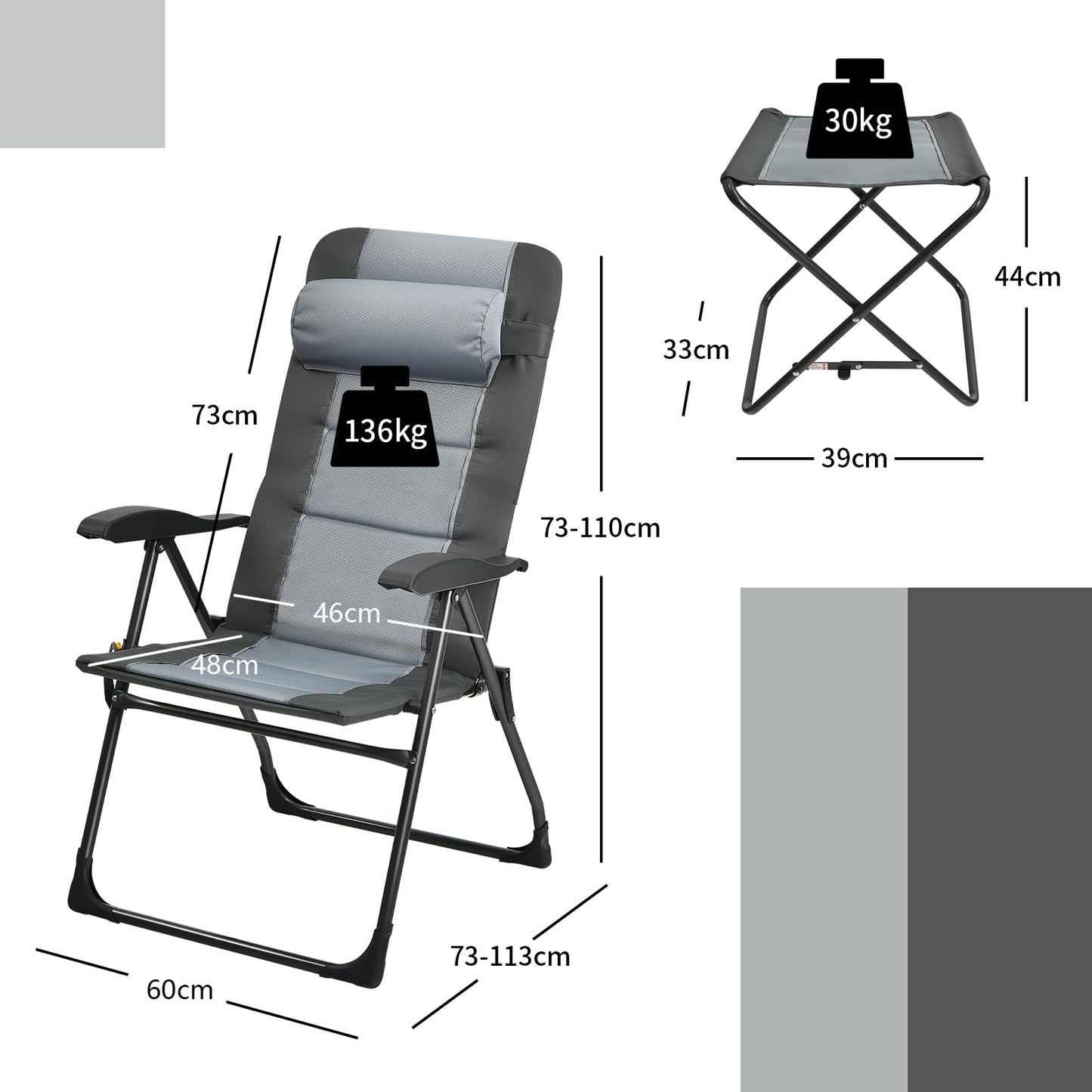 Set of 2 Patio Dining Chairs and Ottoman with 7-Position Adjustable Backrest