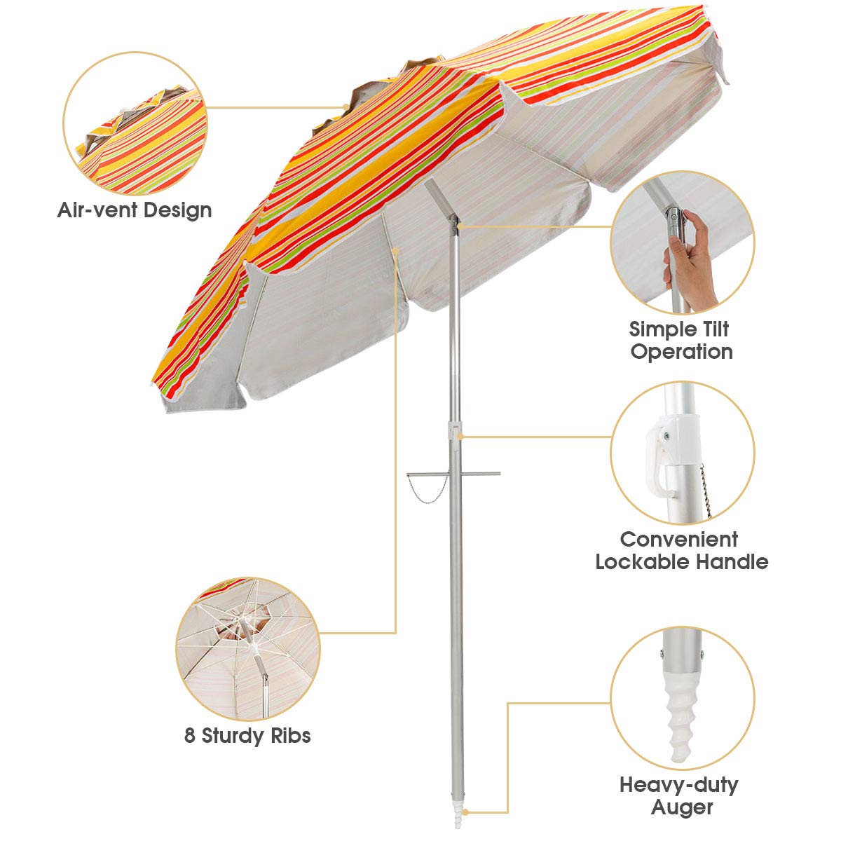 GiantexUK Portable Beach Umbrella, 2M Garden Parasol with UPF 50+ Sun Protection, Tilt Crank and Carry Bag