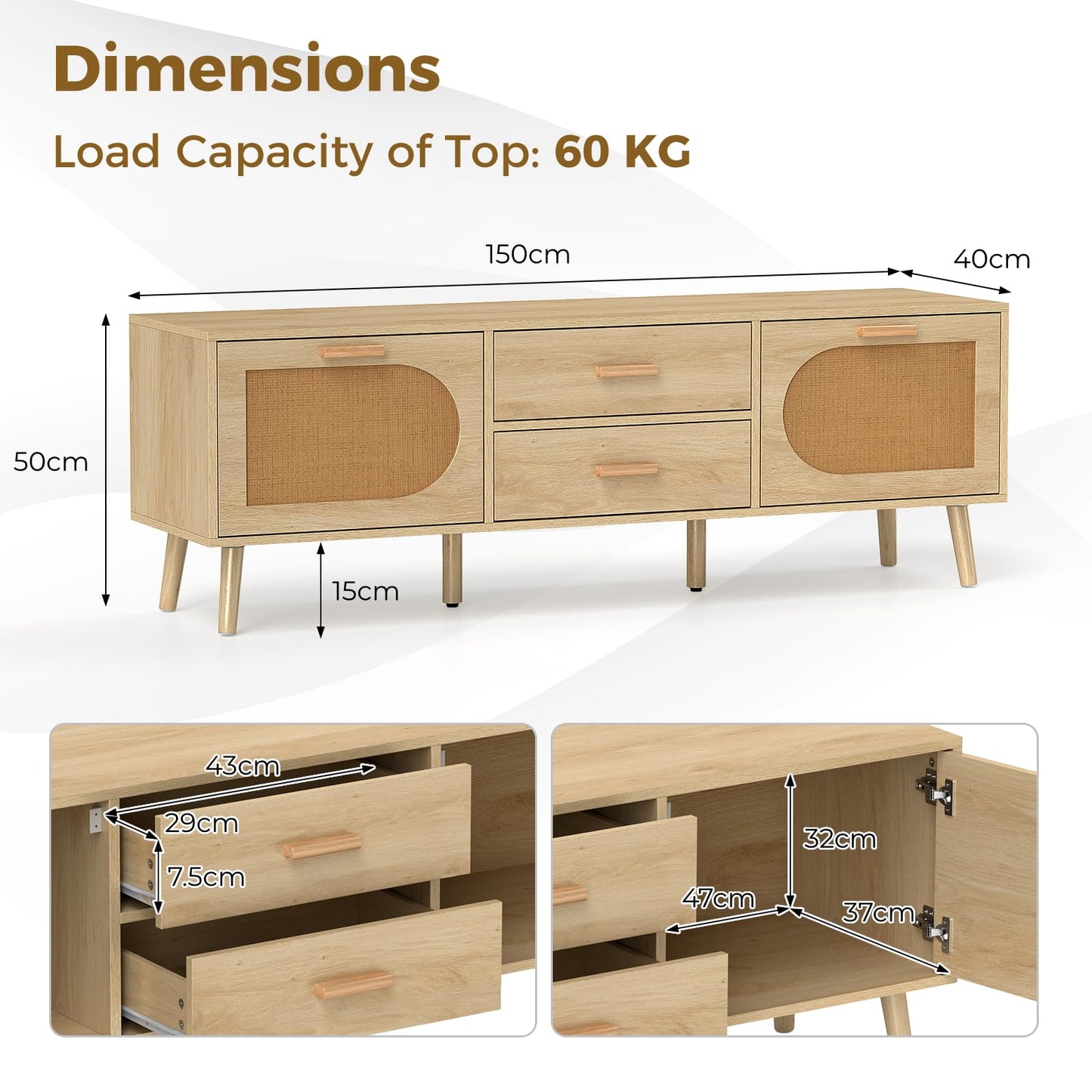 150cm TV Cabinet Media Entertainment Center with Rattan Doors and Storage Drawers