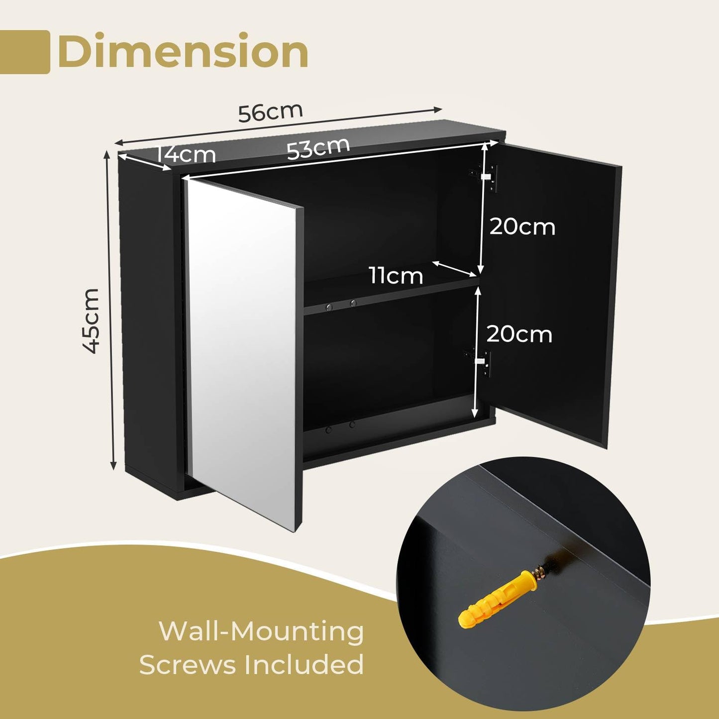 Double Mirrored Door Cabinet with Storage Shelf for Bathroom