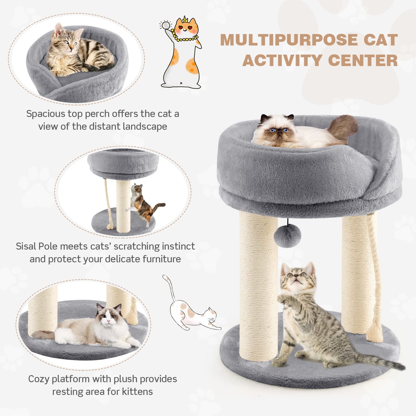 2-Tier Compact Cat Climbing Tower with Plush Top Perch Bed