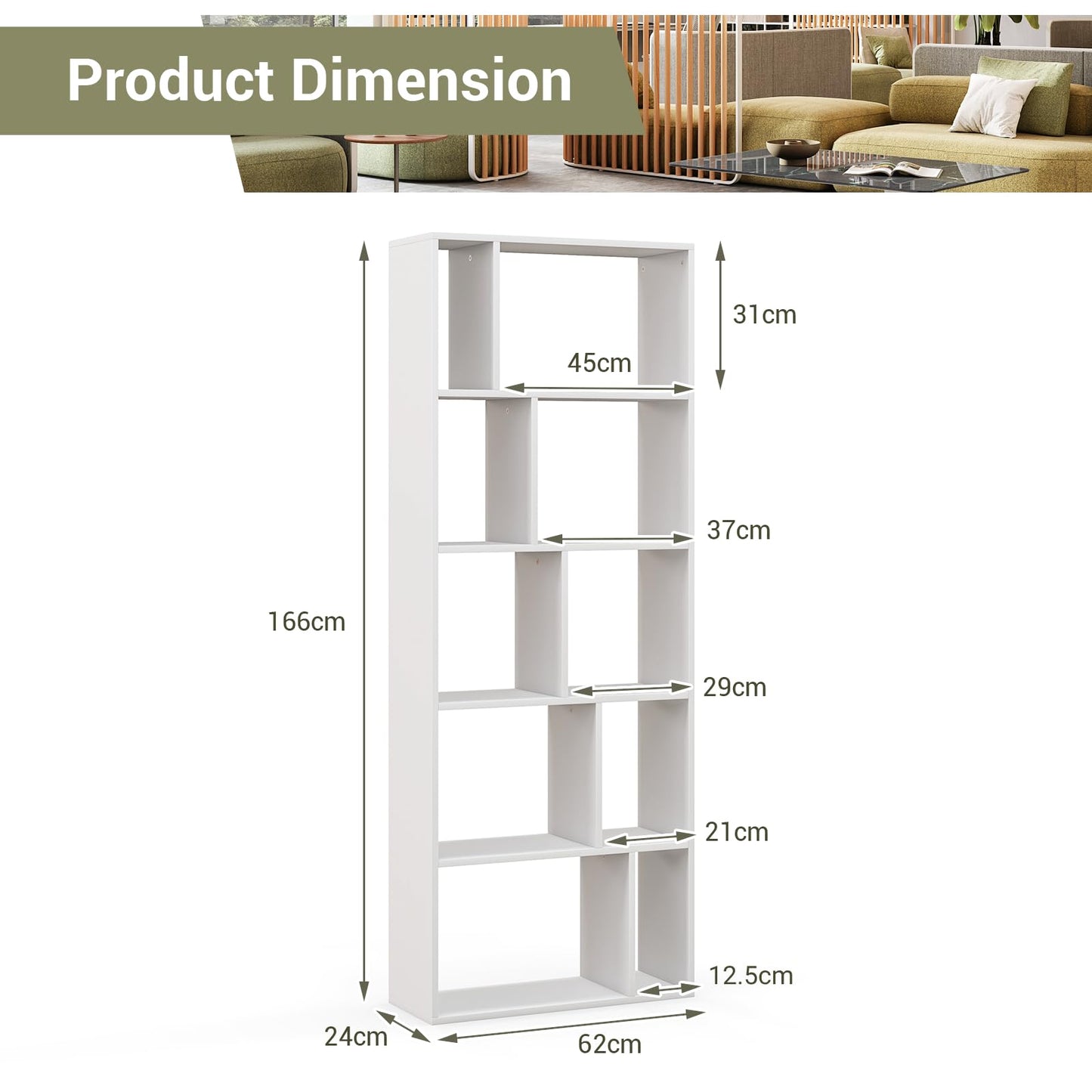 Wood Bookshelf with 10 Compartments Home Study Living Room