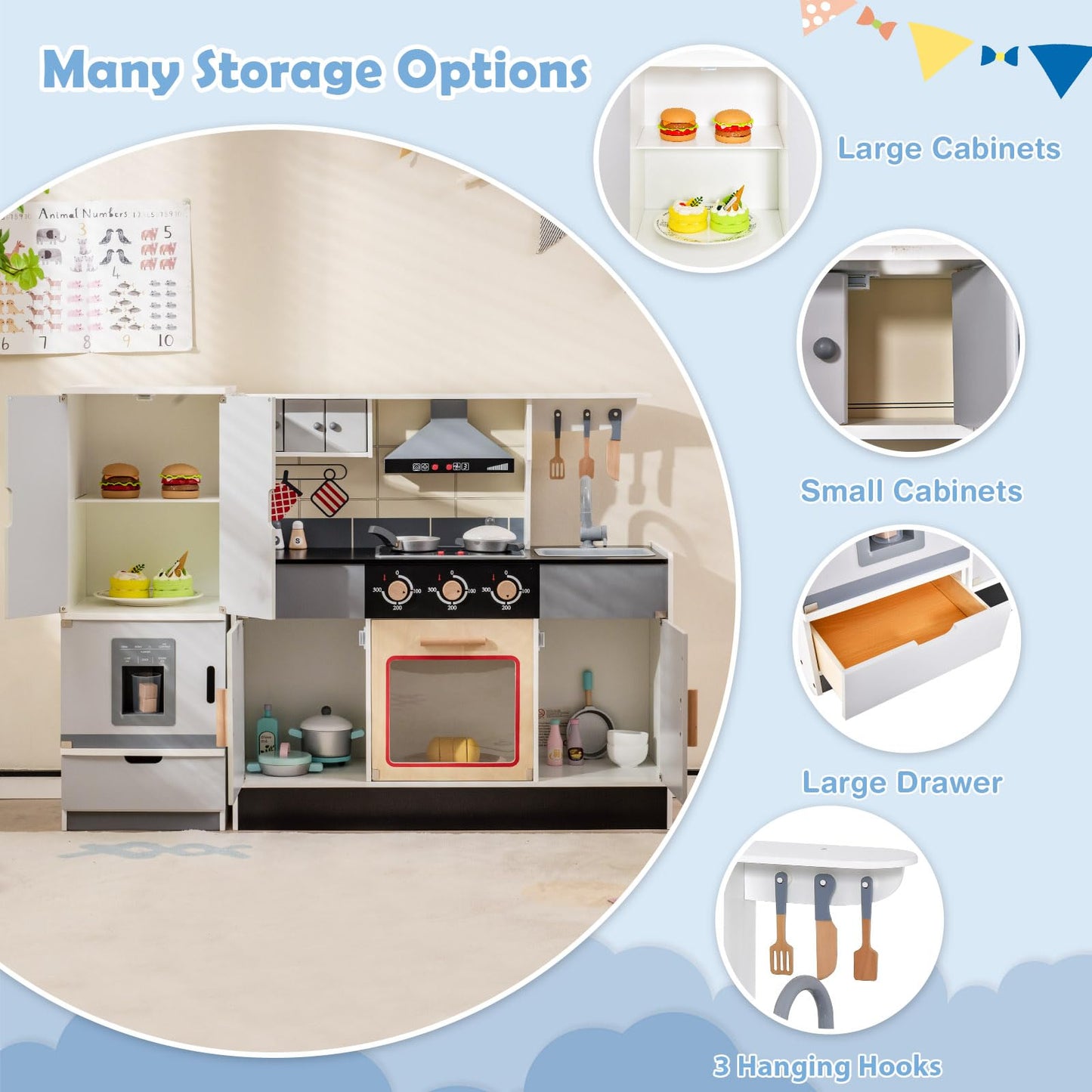 Pretend Play Kitchen Toy with Freestanding Refrigerator