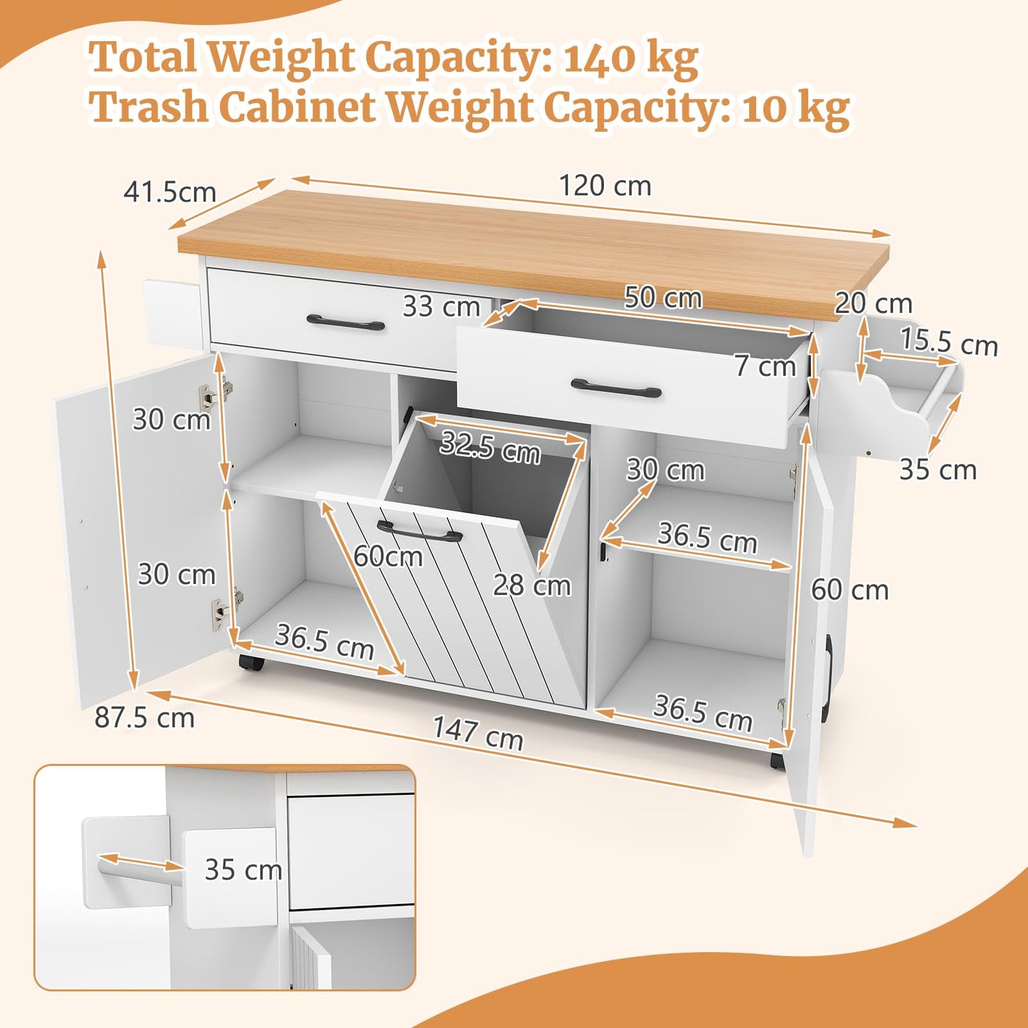 Mobile Kitchen Island with Trash Can Storage with 2 Drawers