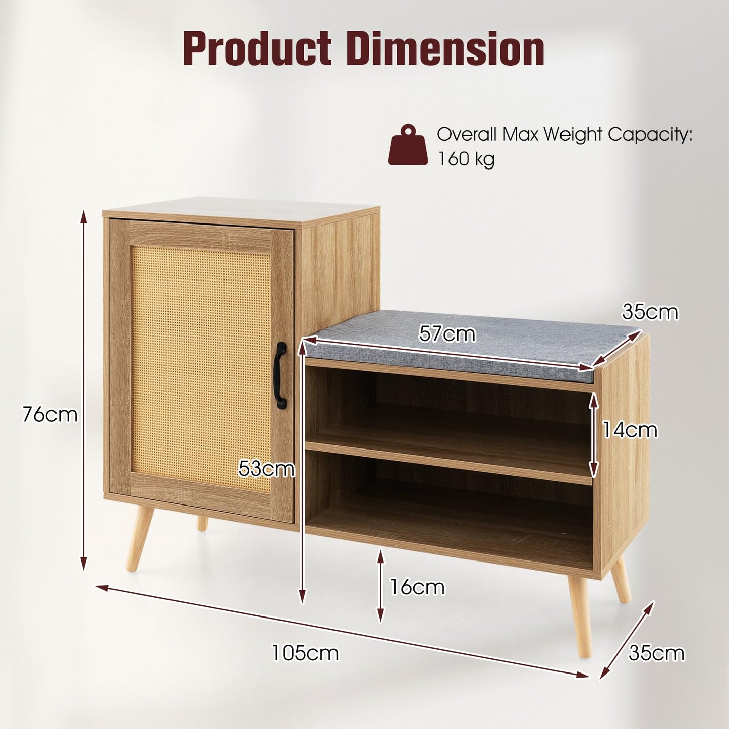 2-in-1 Rattan Shoe Cabinet with Bench and 3 Adjustable Shelves