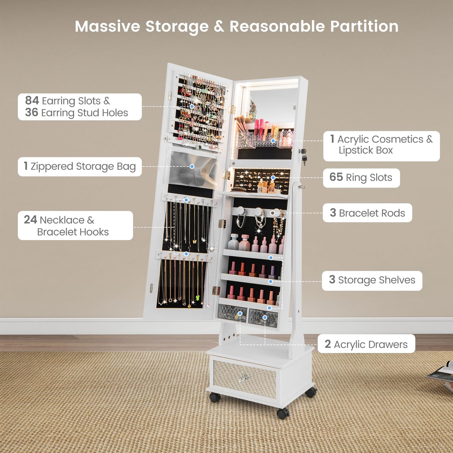 Standing Jewelry Armoire with Full-Length Mirror LED Lights and Drawers