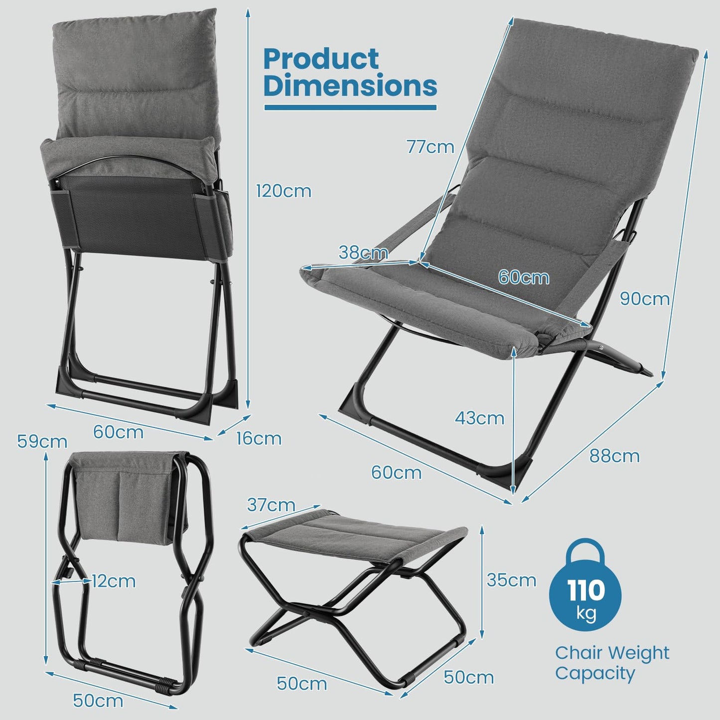 Outdoor Portable Lounge Chair with Footrest & Removable Cushion