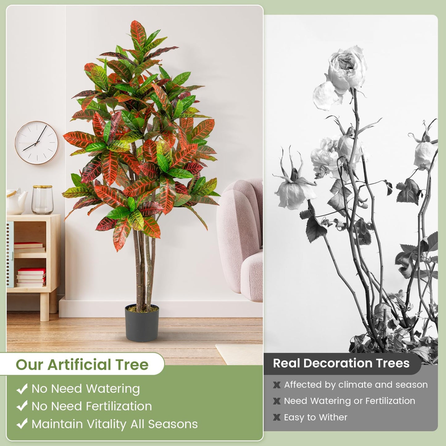 150cm Artificial Croton Plant with Multi colored PEVA Leaves and Solid Wood Trunk