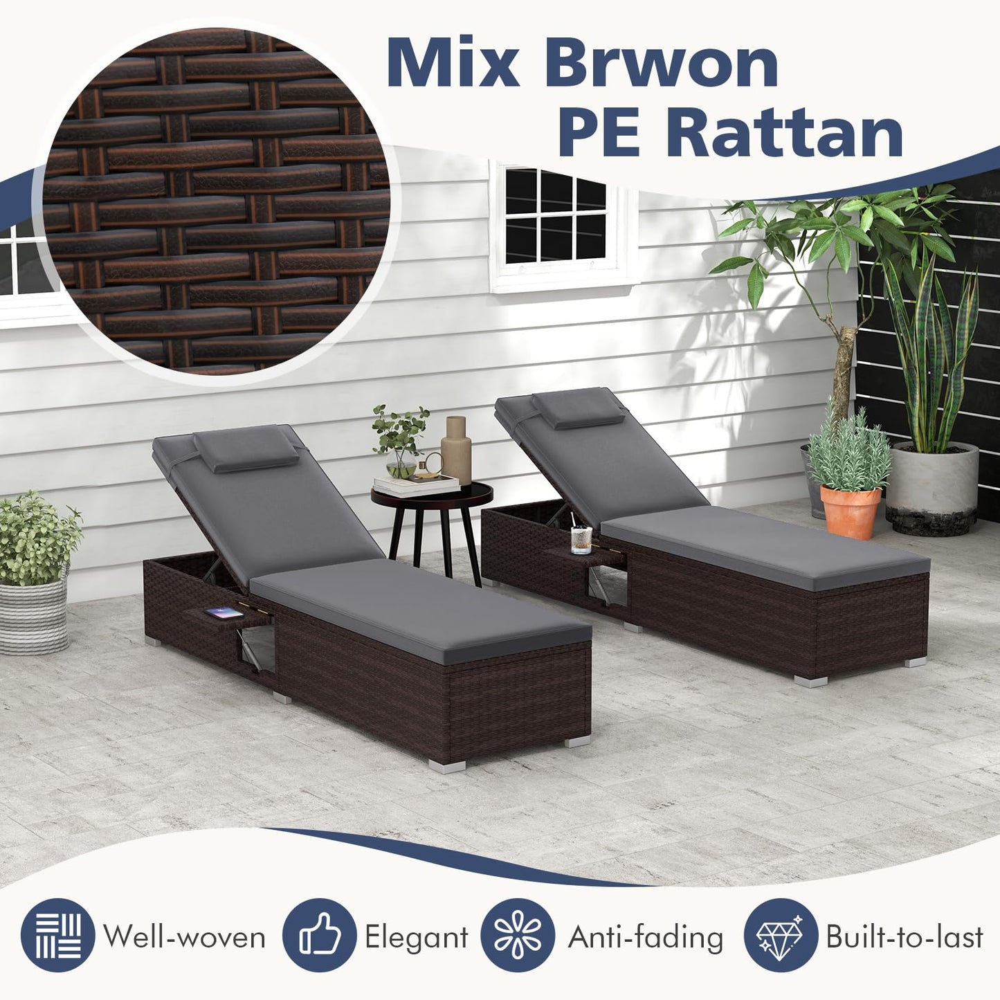 Outdoor PE Rattan Lounge Chair with 6 level Backrest and Comfy Seat Cushion