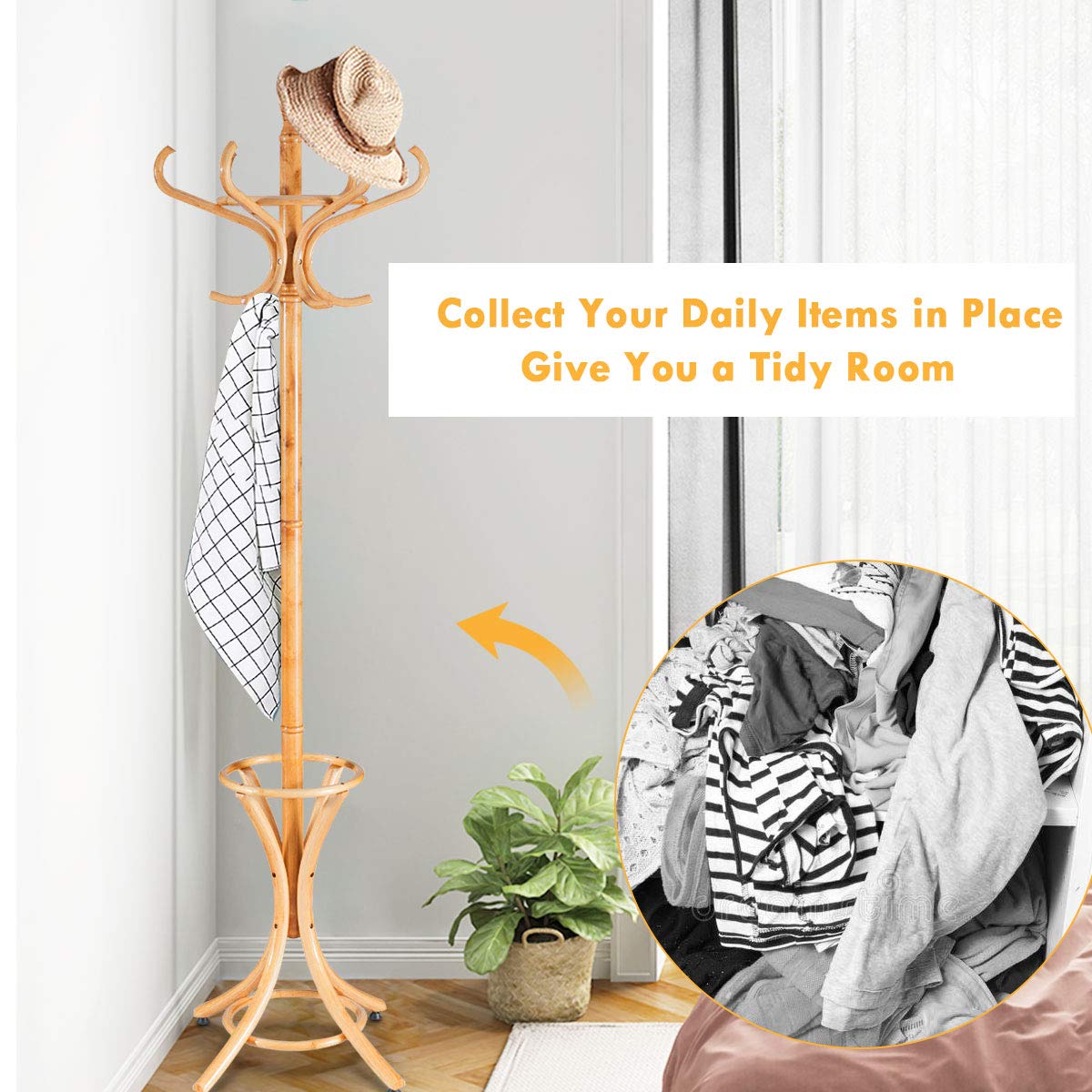 12 Hooks Freestanding Coat Rack with Umbrella Holder