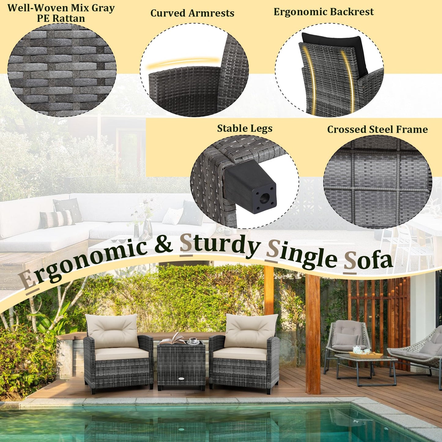 3 Pieces Metal Frame Garden Coffee Table and Sofa Chairs Set with Cushions