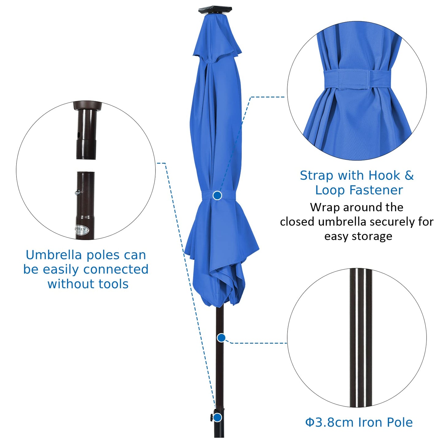 2.7m 18 Solar Powered LED Lights Patio Umbrella with Tilt and Crank Handle