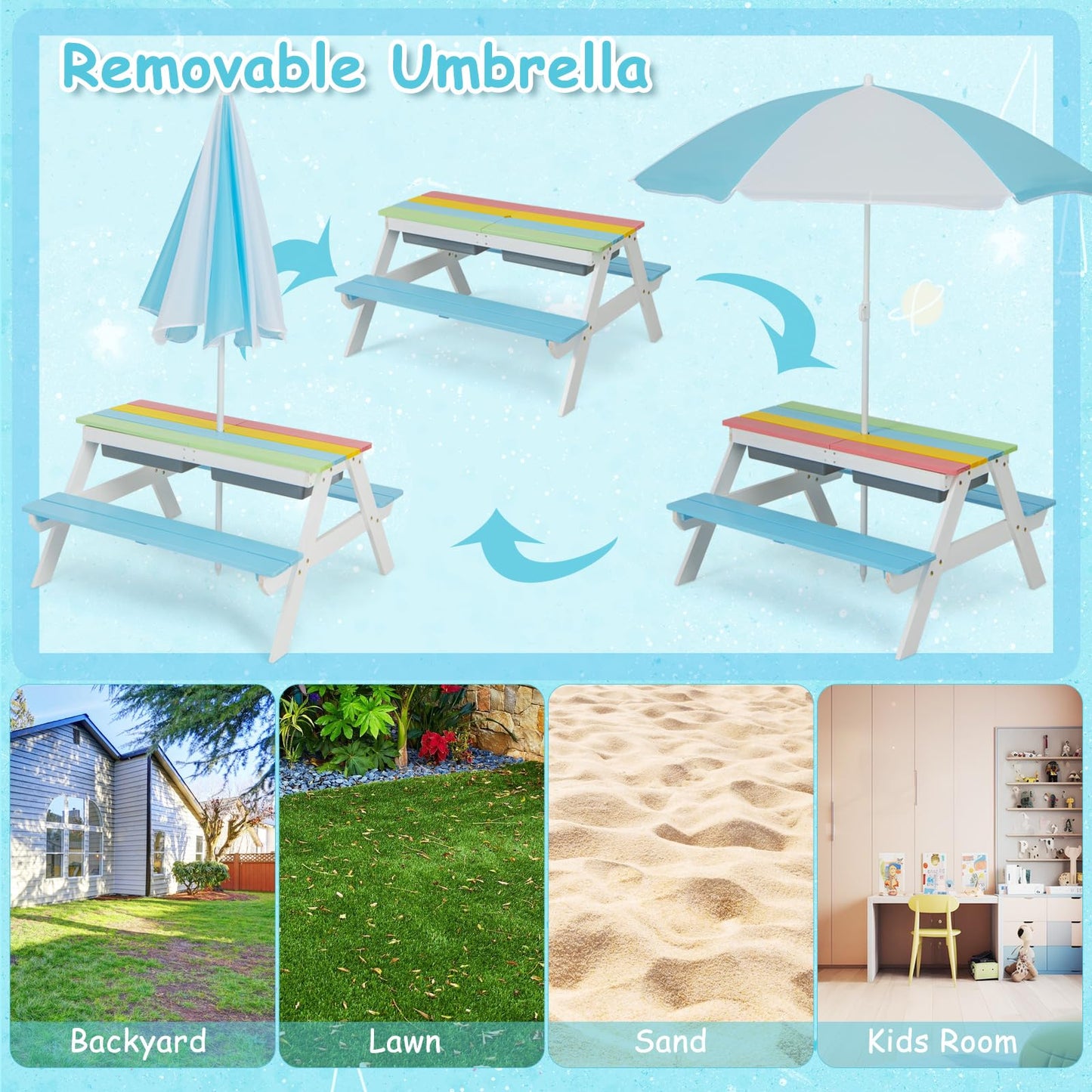 3 in 1 Wooden Sand & Water Play Table and Bench Set