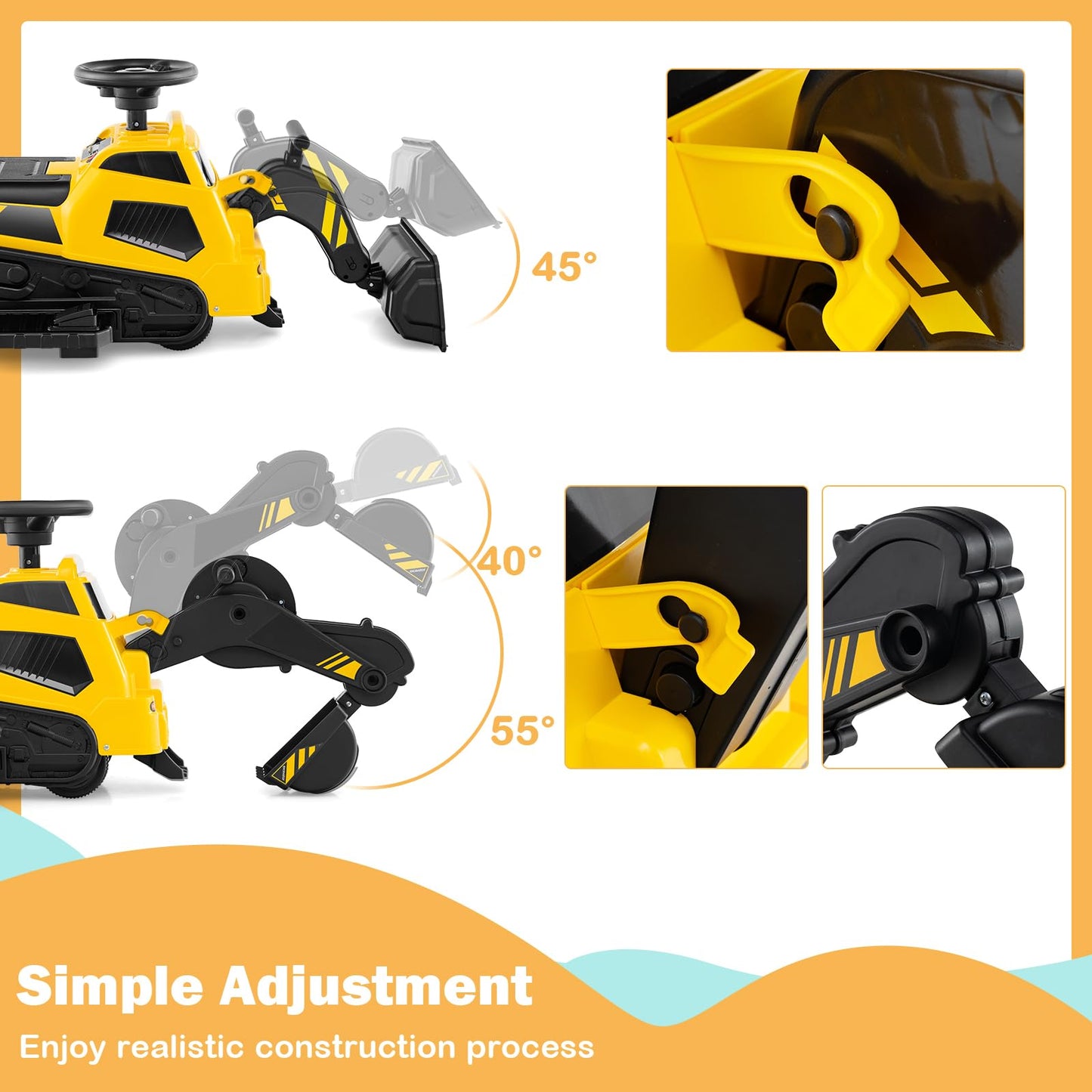 6V Electric Toy Bulldozer Excavator with Adjustable Arms Music