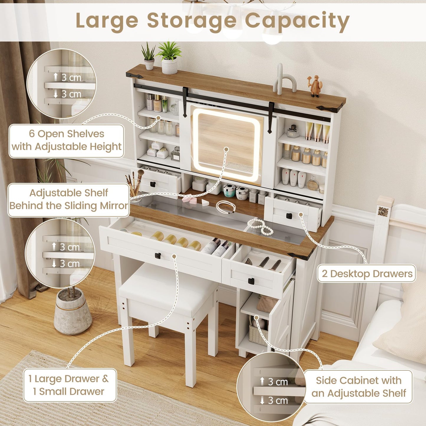 Makeup Vanity Desk and Stool Set with Sliding Mirror and Cabinet