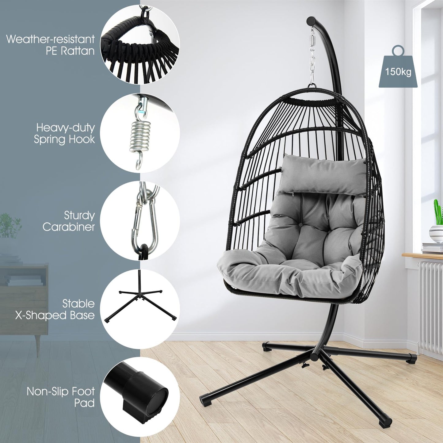 Upholstered Rattan Wicker Swing Egg Chair with Soft Cushion