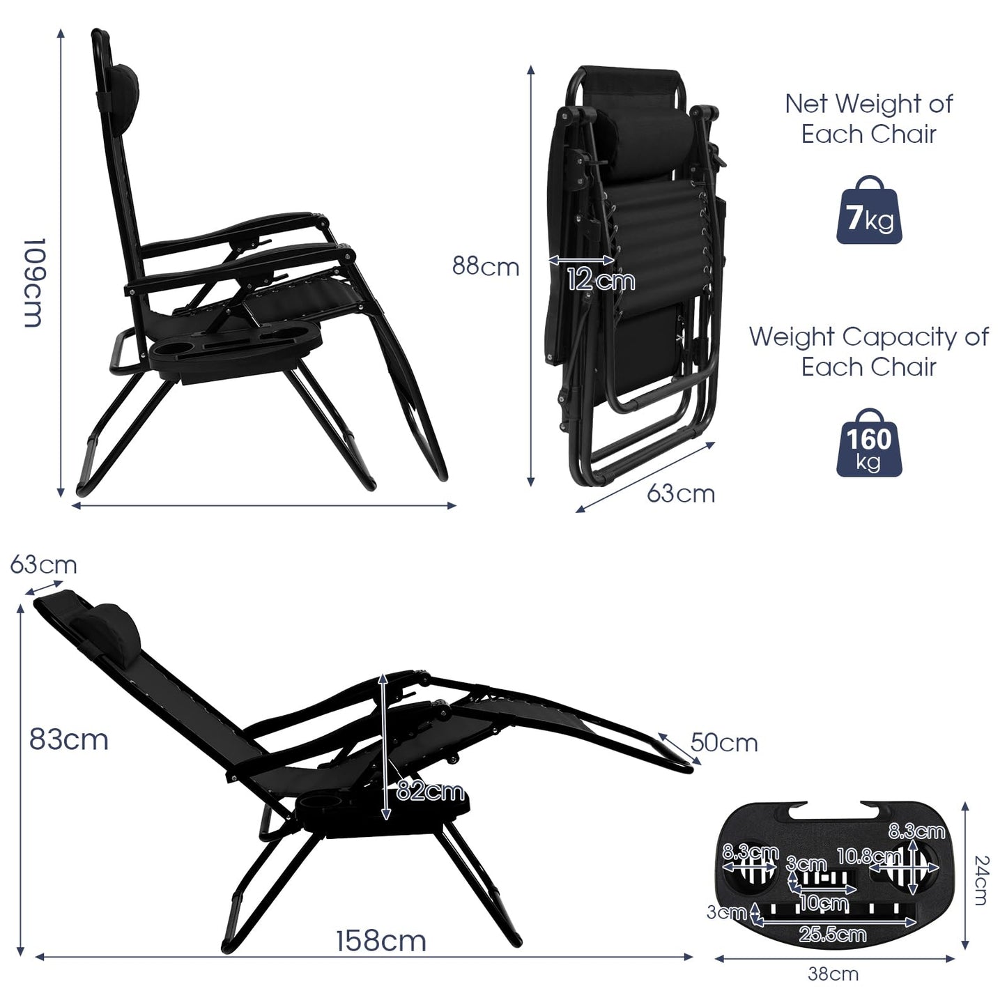 Folding Zero Gravity Chair Patio Sun Lounger with Removable Pillow