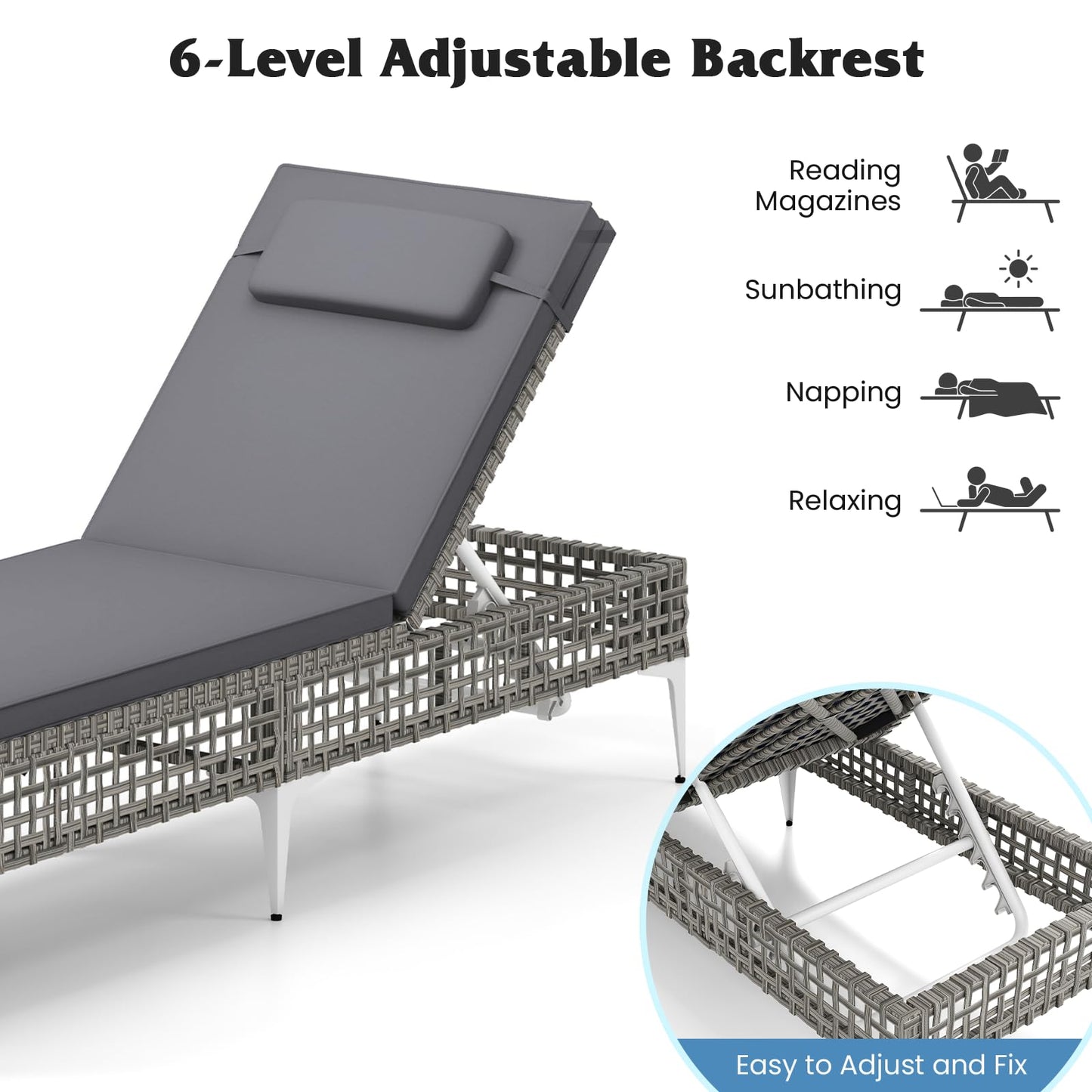 Patio Chaise Lounge PE Wicker Reclining Sun Lounger with 6-Level Adjustable Backrest