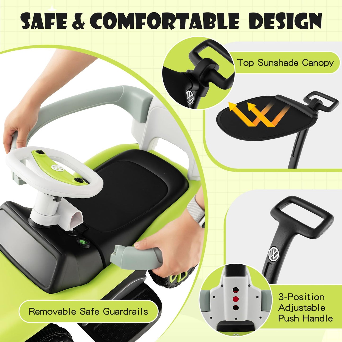 3 in 1 Kids Ride on Push Car with Handle and Canopy