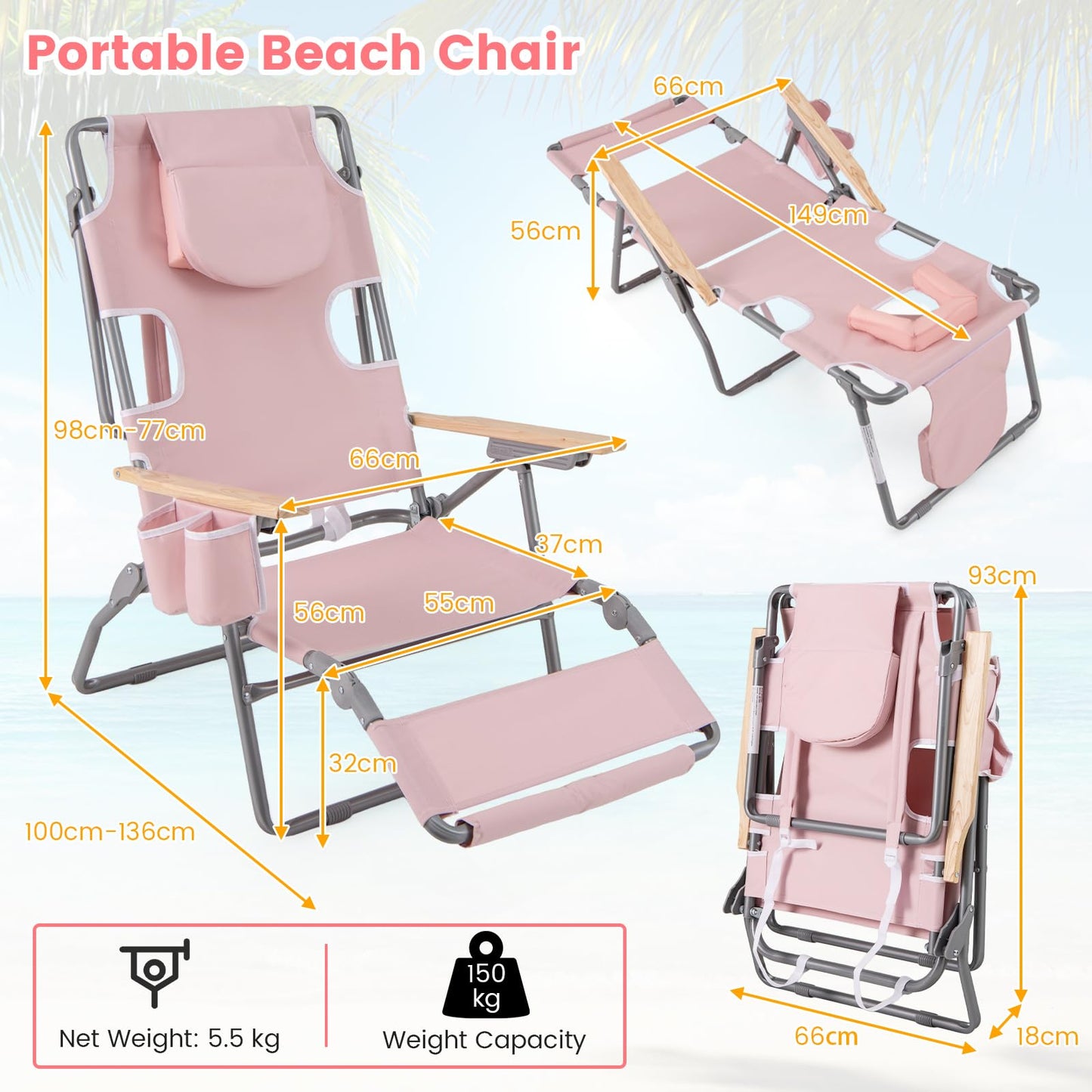 3-IN-1 Foldable Beach Chair Lay-Flat Tanning Chair with Face Hole