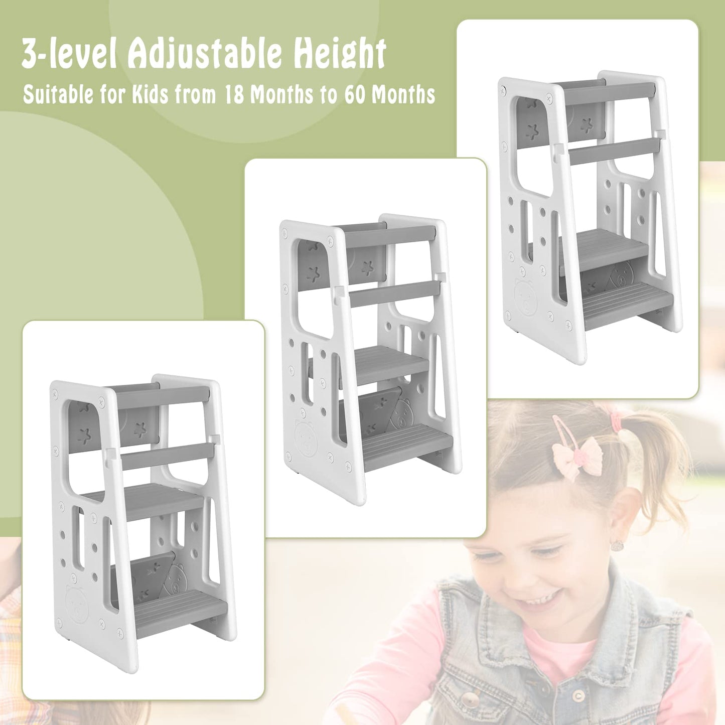 Height Adjustable Toddlers Kitchen Helper Stand with Double Safety Rails