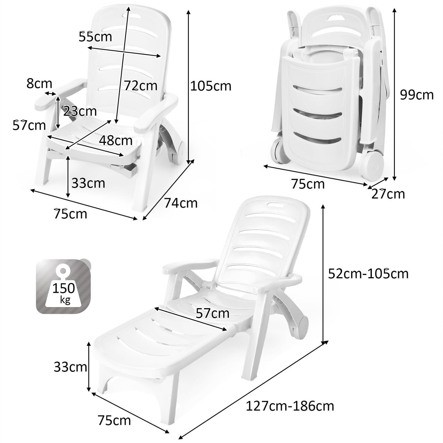5-Position Adjustable Outdoor Folding Sunlounger with Wheels