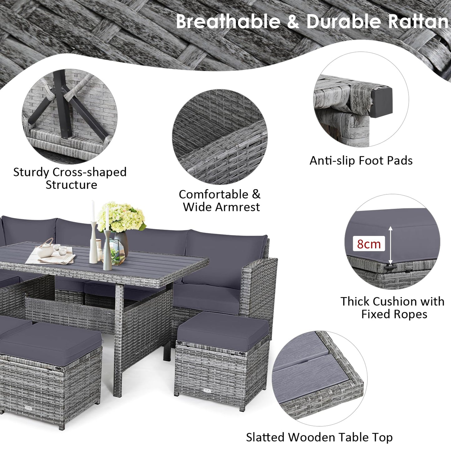 9 Seater Patio Rattan Corner Sofa Set with Sofa Chairs and Coffee Table
