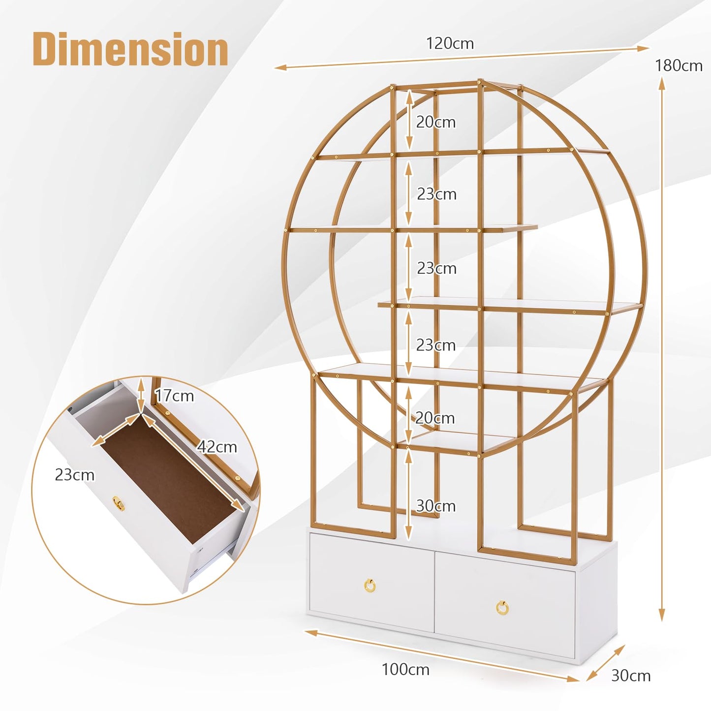 6-Tier Gold Bookshelf with 2 Storage Drawers Staggered Shelves
