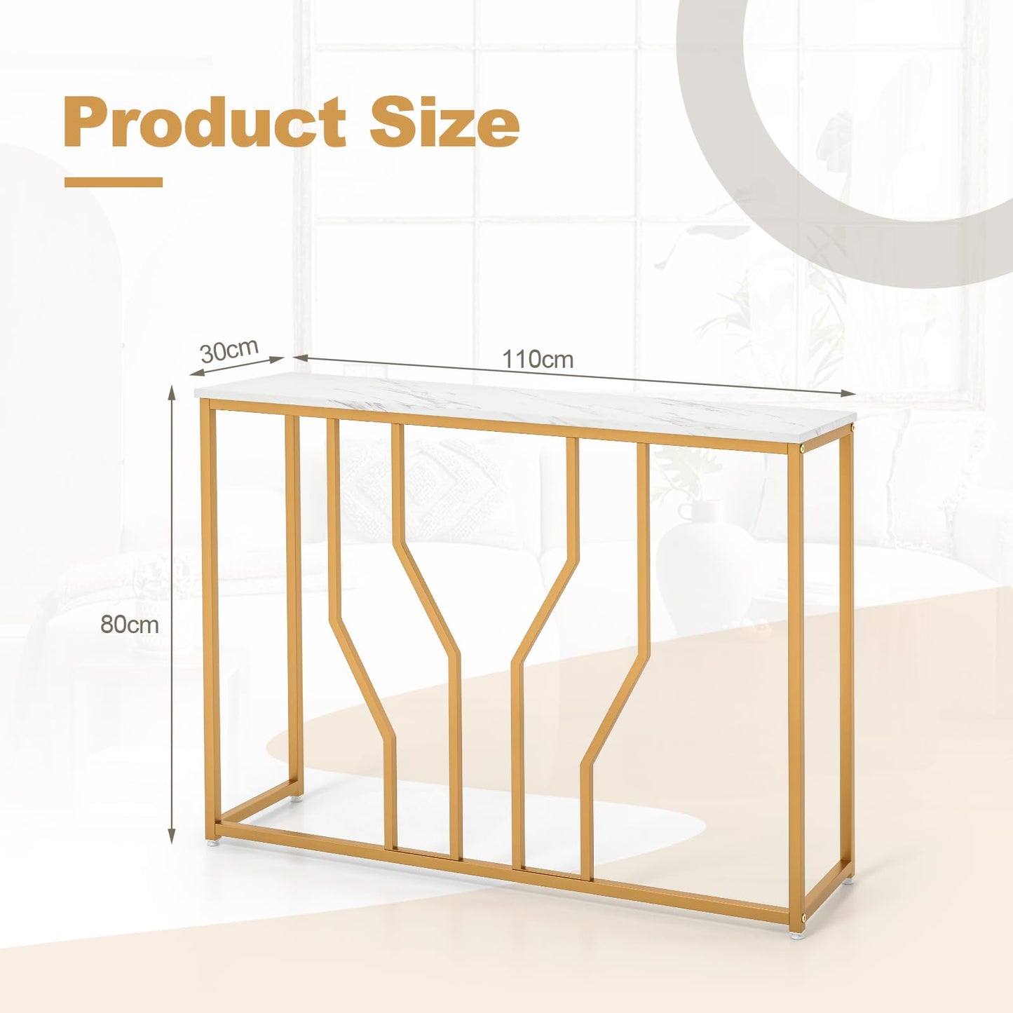 110 cm Gold Console Table Entryway Table with Faux Marble Tabletop