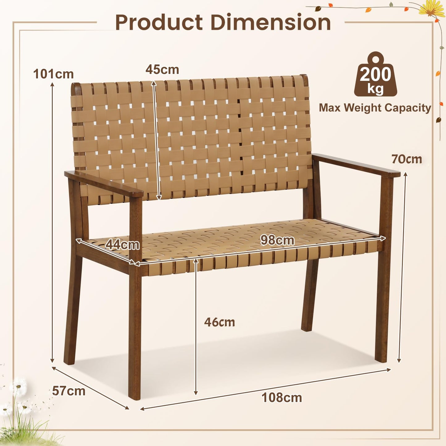 Outdoor All Weather Bench with Solid Rubber Wood Frame and Hand Woven PU Leather
