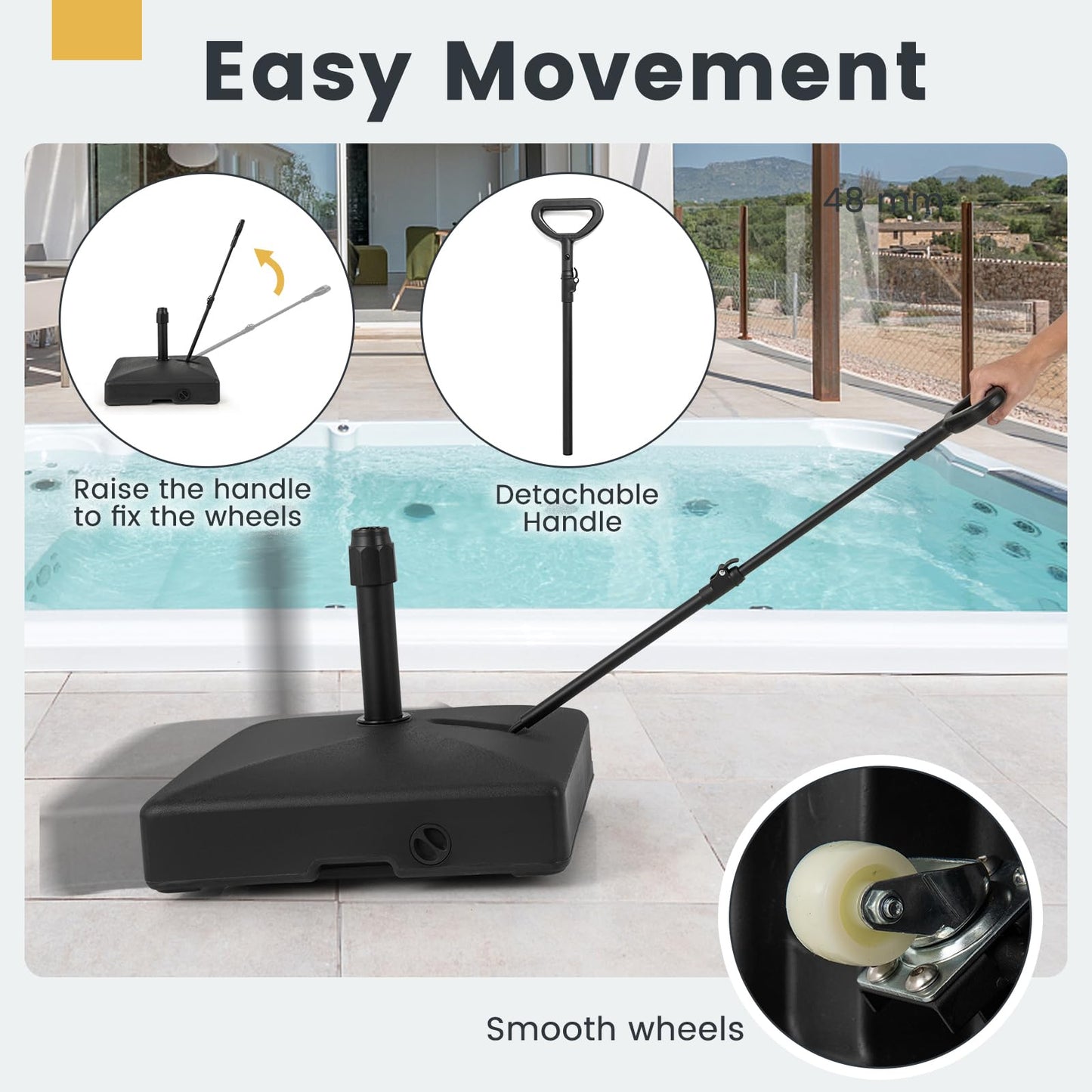 59kg Water & Sand Fillable Patio Parasol Stand with 3 Wheels and Pull Rod