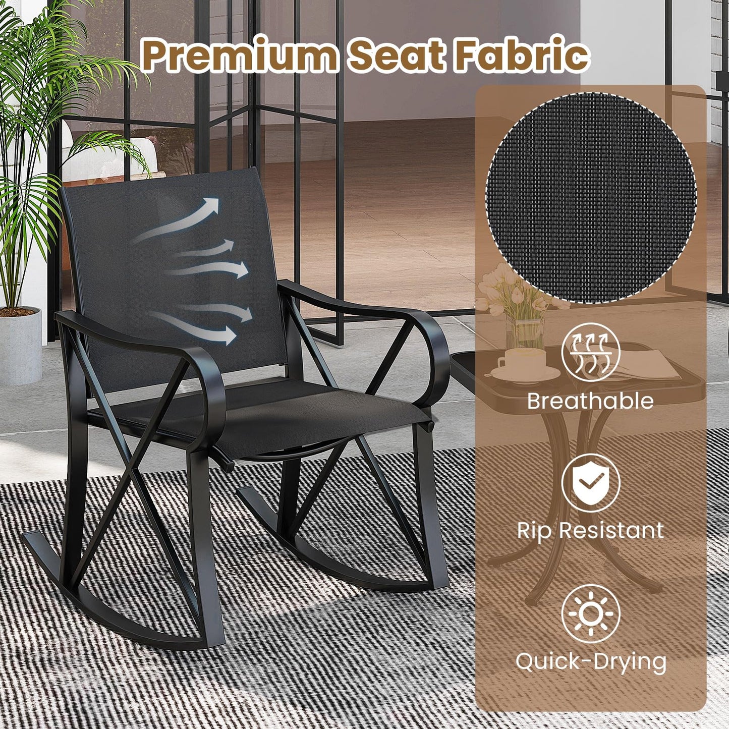 3-Piece Patio Metal Frame Rocking Bistro Set with Tempered Glass-Top Side Table