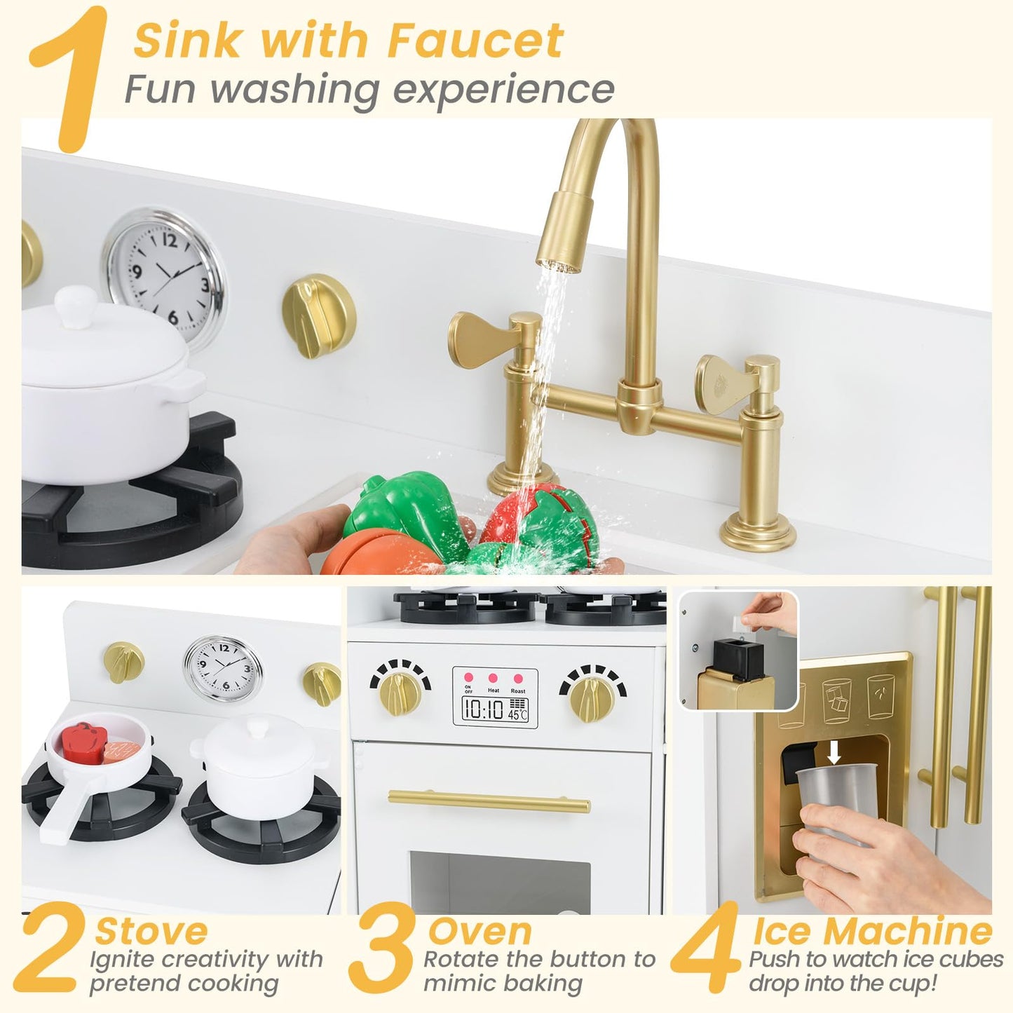 Toddler Wooden Pretend Toy Kitchen Playset with Refrigerator Stove Sink